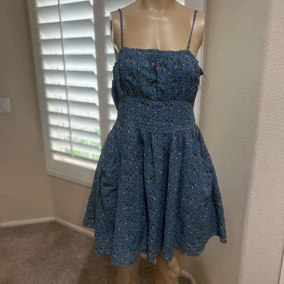 Blue ditsy floral Strapy Pockets Cotton coconut girl Fairy Summer sun Dress sz L - Picture 3 of 13